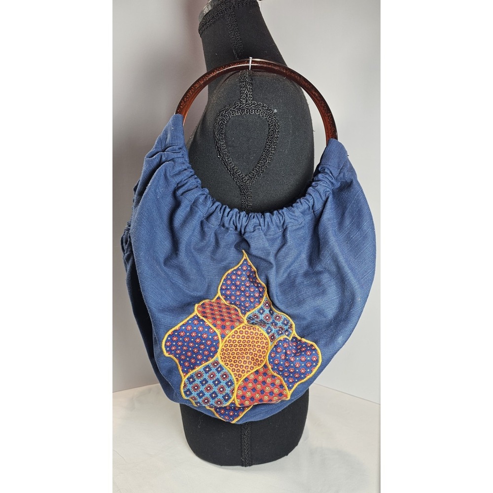 Handmade Boho Blue‎ Ruched Hobo Bag Tortoise Handle Embroidered Floral Lined